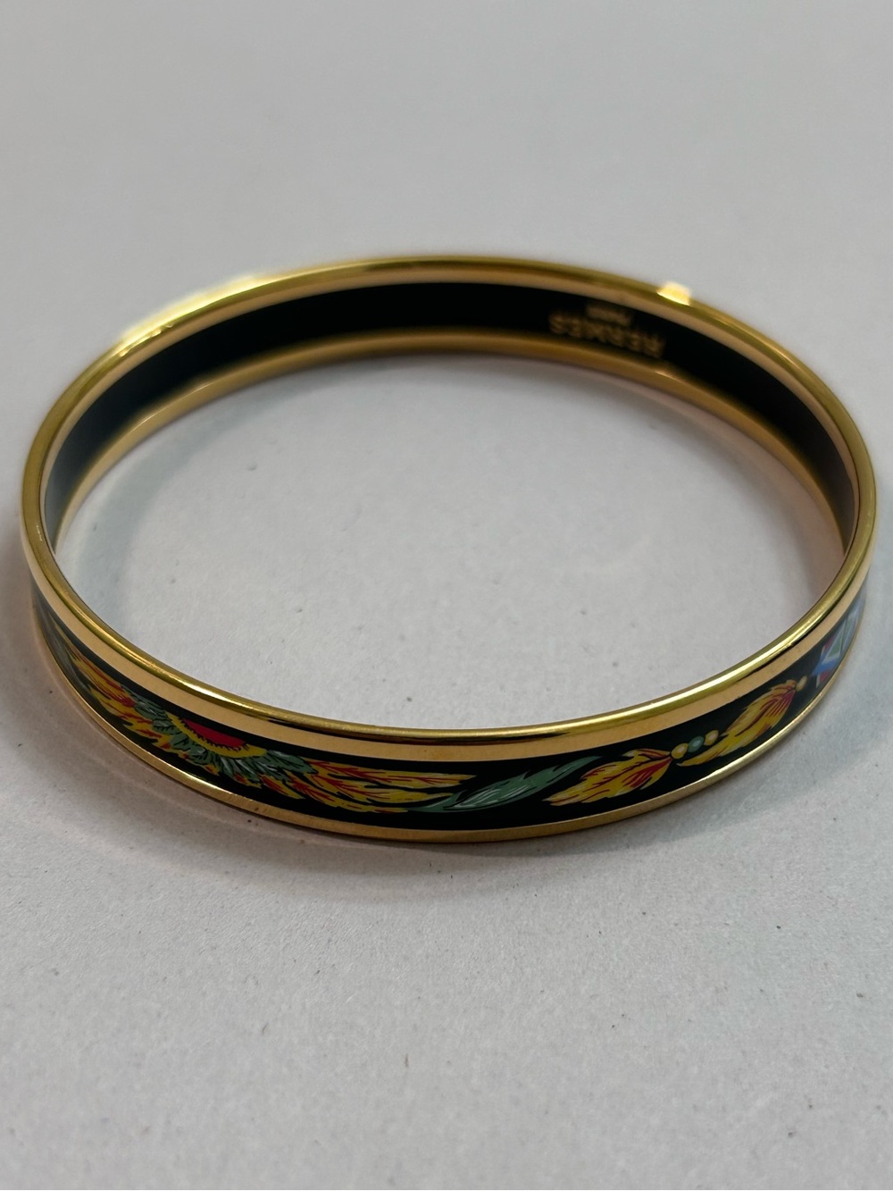 Hermes Gold-Tone Black Floral Enamel Bangle Bracelet